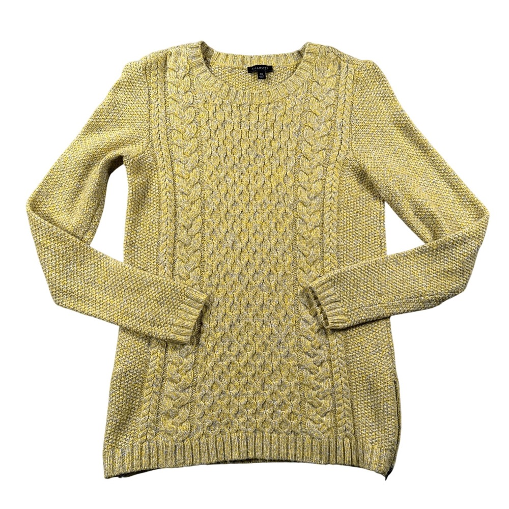 Talbots Sweater Womens XS Cable Knit Yellow Gray Merino Wool‎ Fisherman Preppy